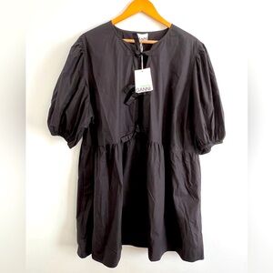 GANNI Black Cotton Poplin Tie String Mini Dress